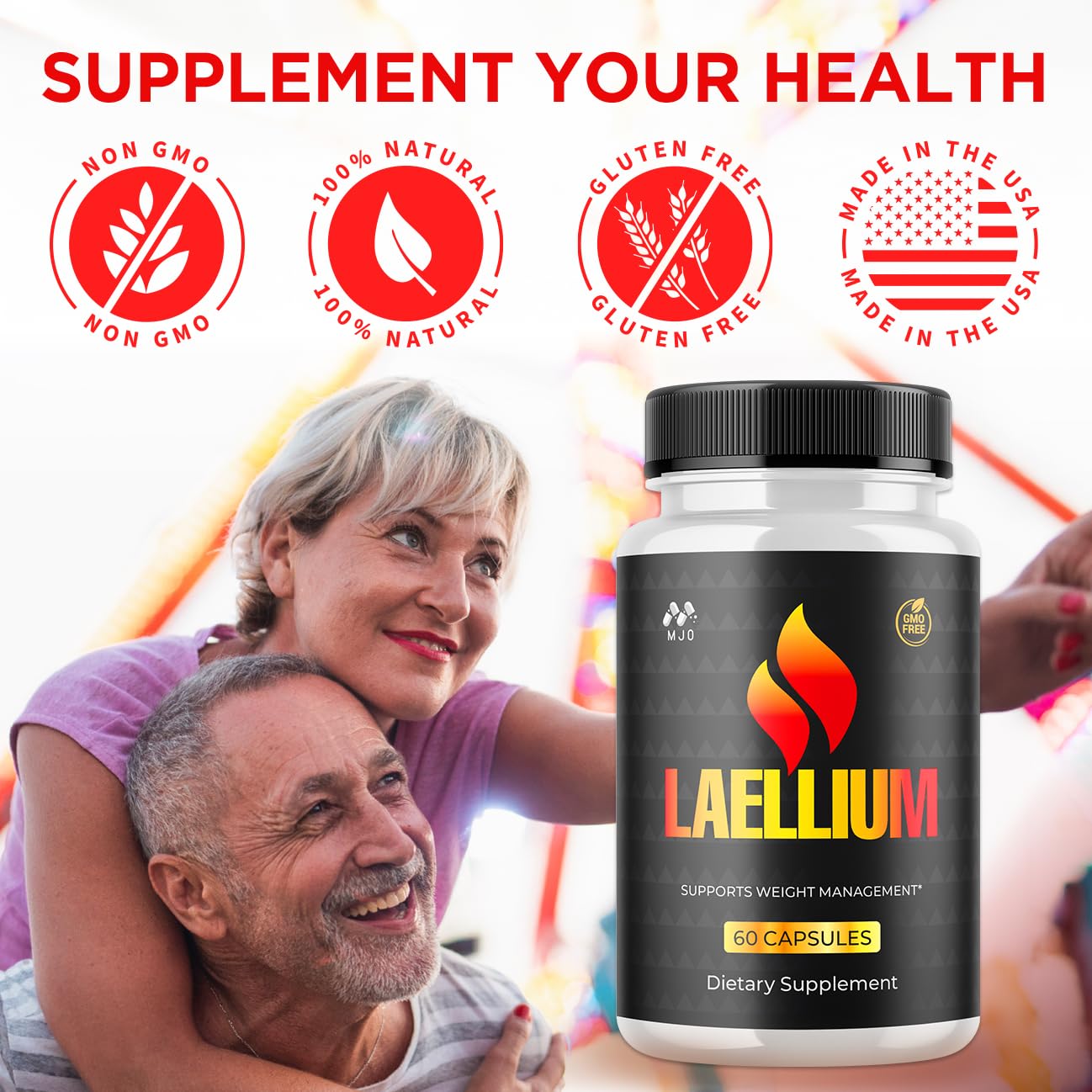 MJO Laellium pills bottle and 30 servings label communicates month-long supply.
