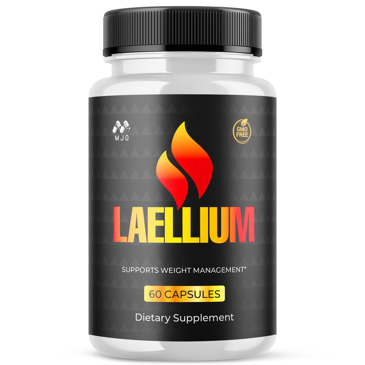 MJO Laellium pills bottle closeup showcases the all-natural energy support formula.