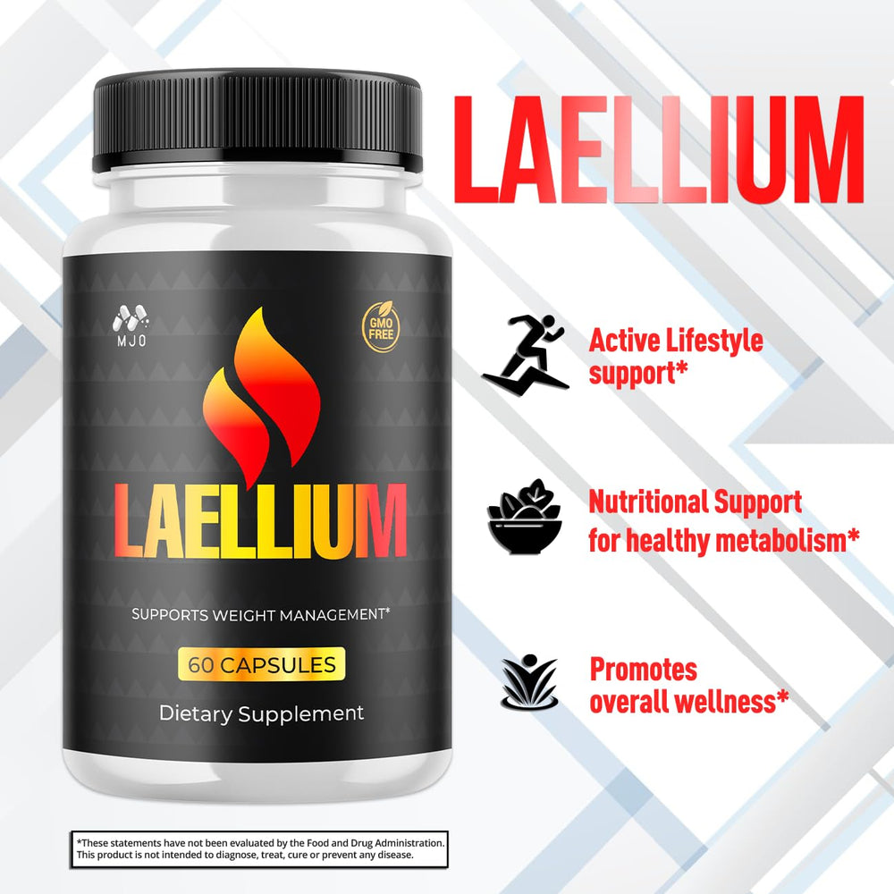 MJO Laellium pills label closeup highlights the all-natural formula.