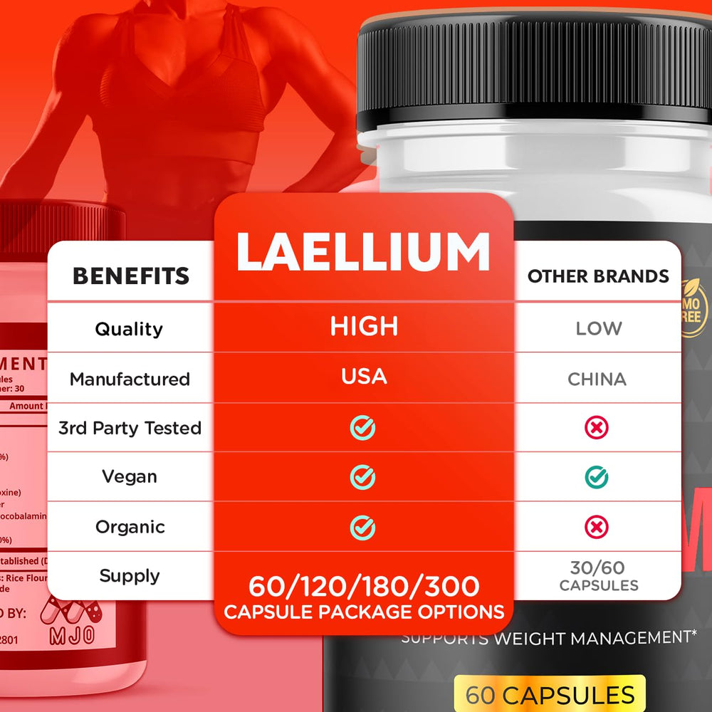 MJO Laellium pills packaging box shows the official capsule formula and natural ingredients.