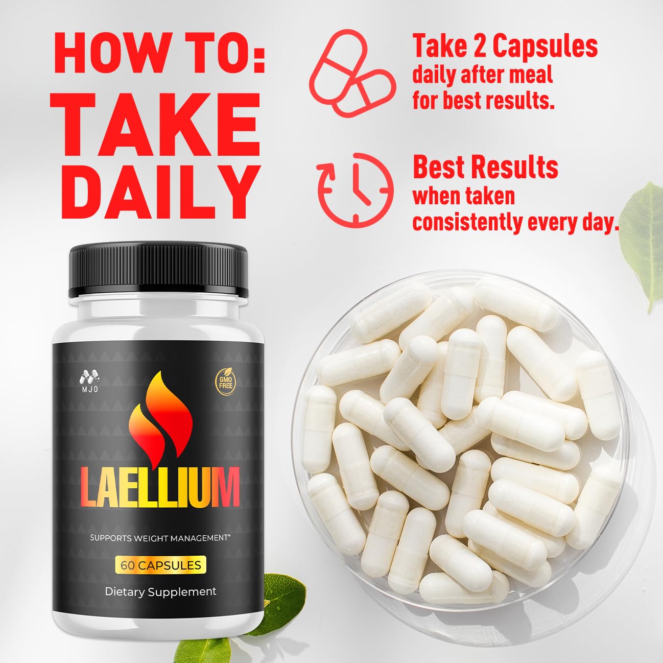 MJO Laellium tablet close-up shows easy to swallow capsules