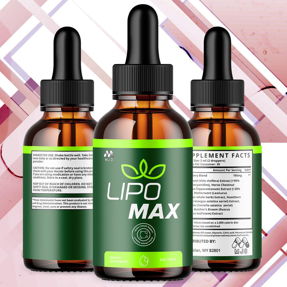 MJO Lipomax Drops back view showing two bottles and serving count.
