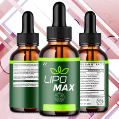 MJO Lipomax Drops back view showing two bottles and serving count.