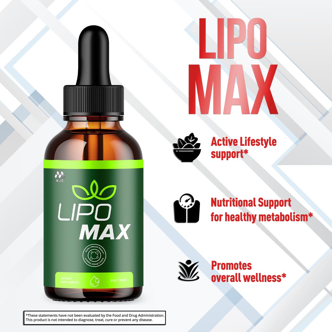 MJO Lipomax Drops label close-up reveals pink salt and natural ingredients.