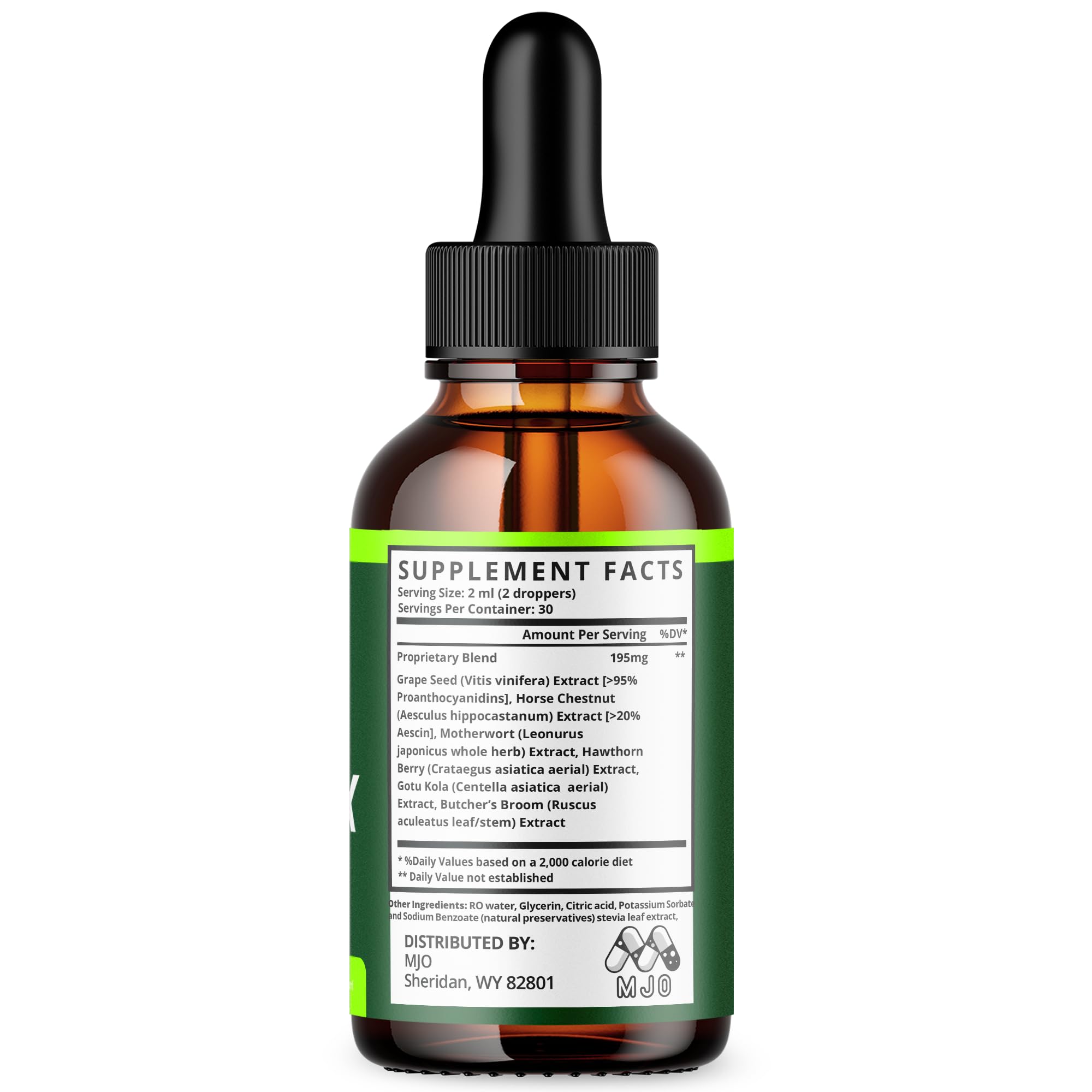 MJO Lipomax Drops ingredient label close-up highlighting natural formula.