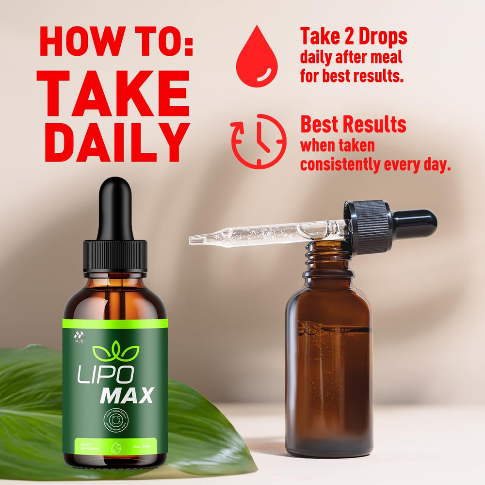 MJO Lipomax Drops being poured for easy daily use.
