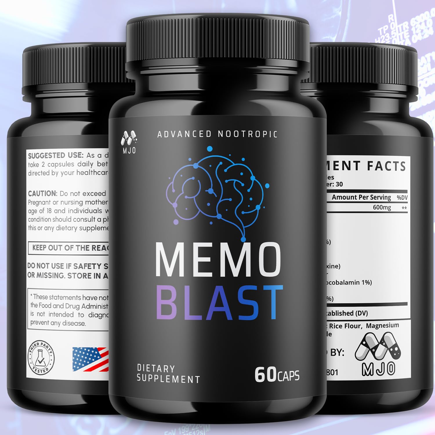 MJO Memo Blast capsules bottle back shows ingredient listing and premium vitamins.