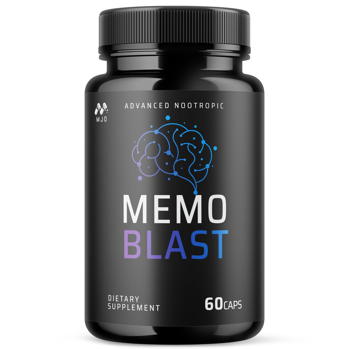 MJO Memo Blast capsules bottle front highlights daily wellness and natural brain support.