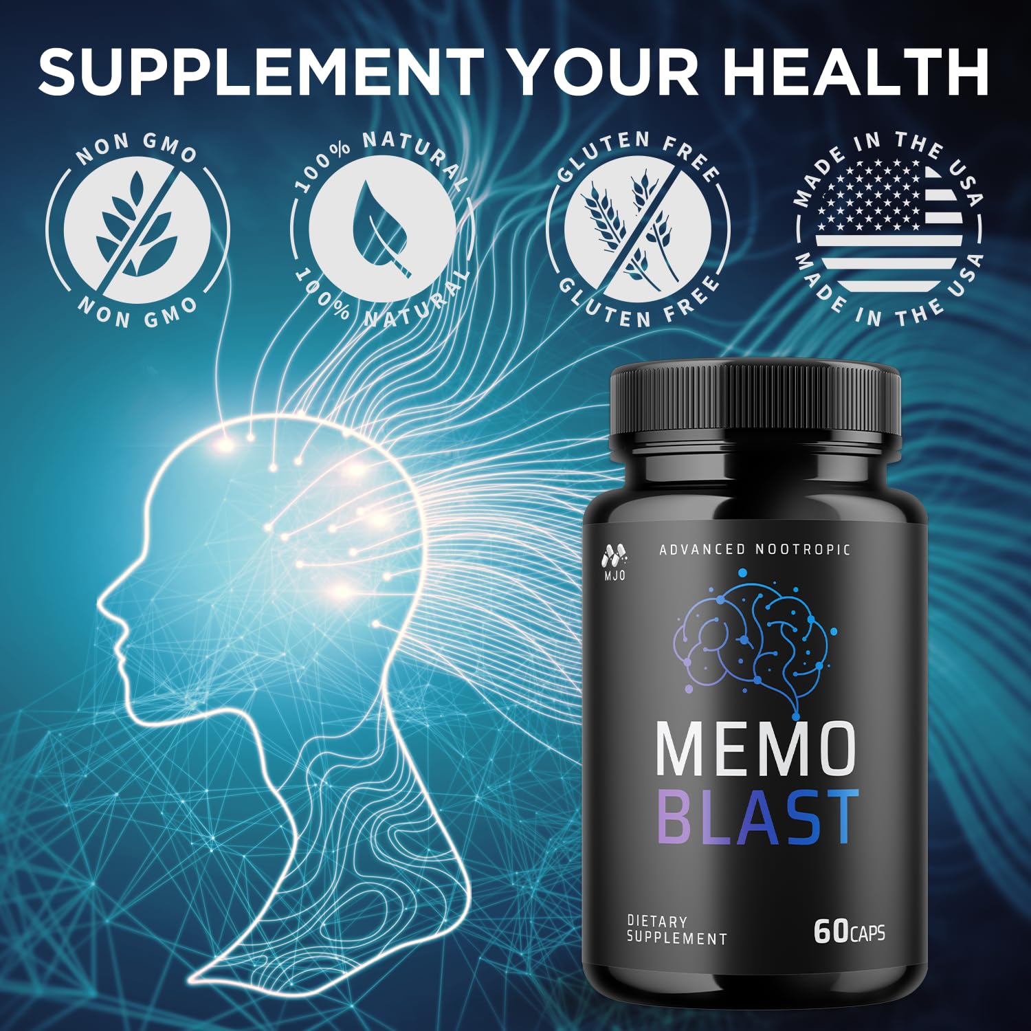 MJO Memo Blast capsules label close-up emphasizes trusted natural ingredients.