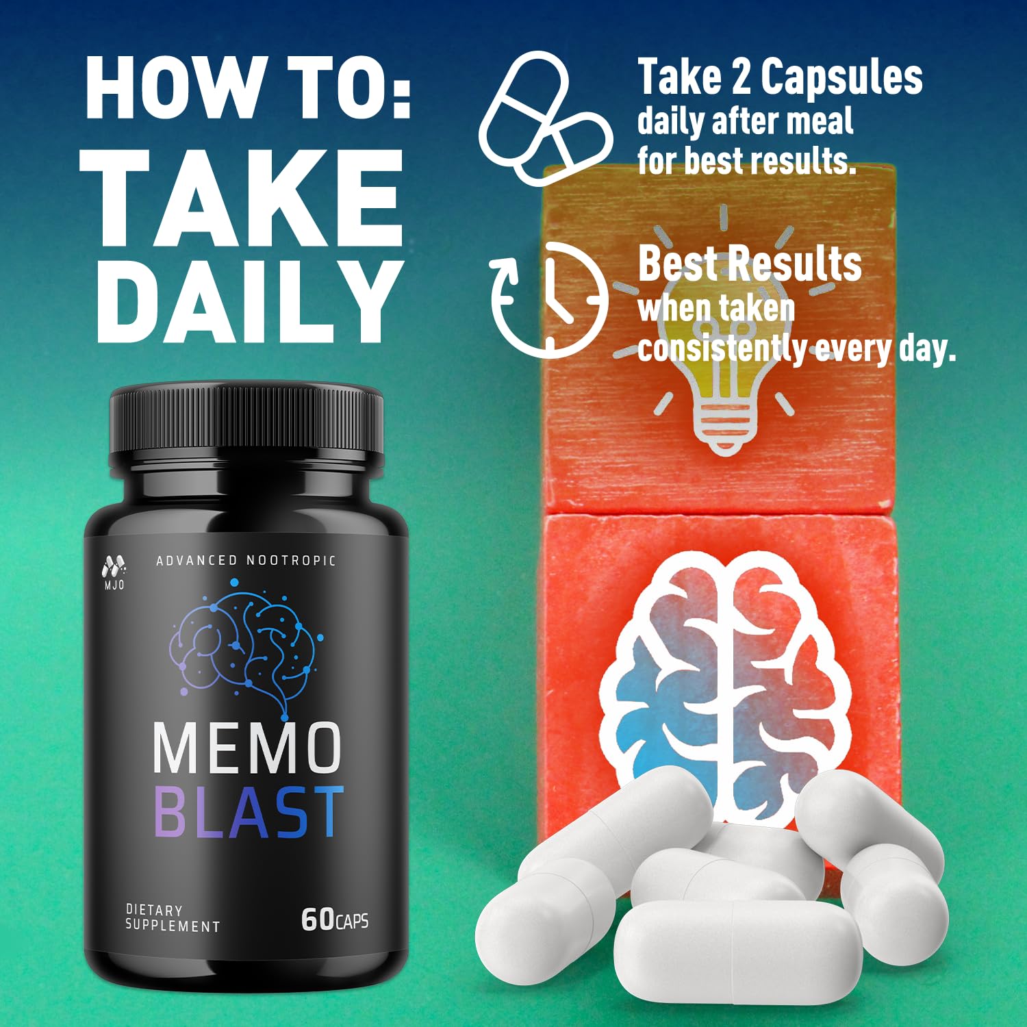 MJO Memo Blast capsules dispensing pour demonstrates easy, on the go daily regimen.