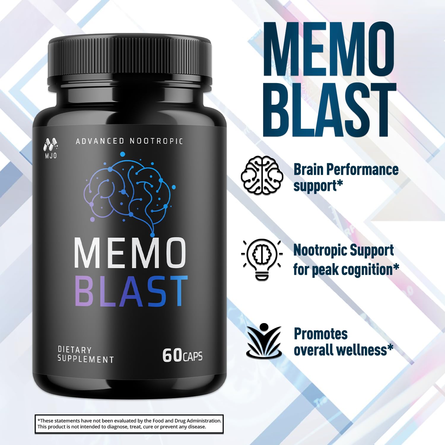 MJO Memo Blast capsules packaging presents 60-servings bottle for monthly routine.