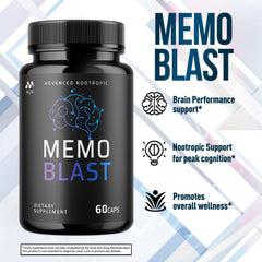 MJO Memo Blast capsules packaging presents 60-servings bottle for monthly routine.