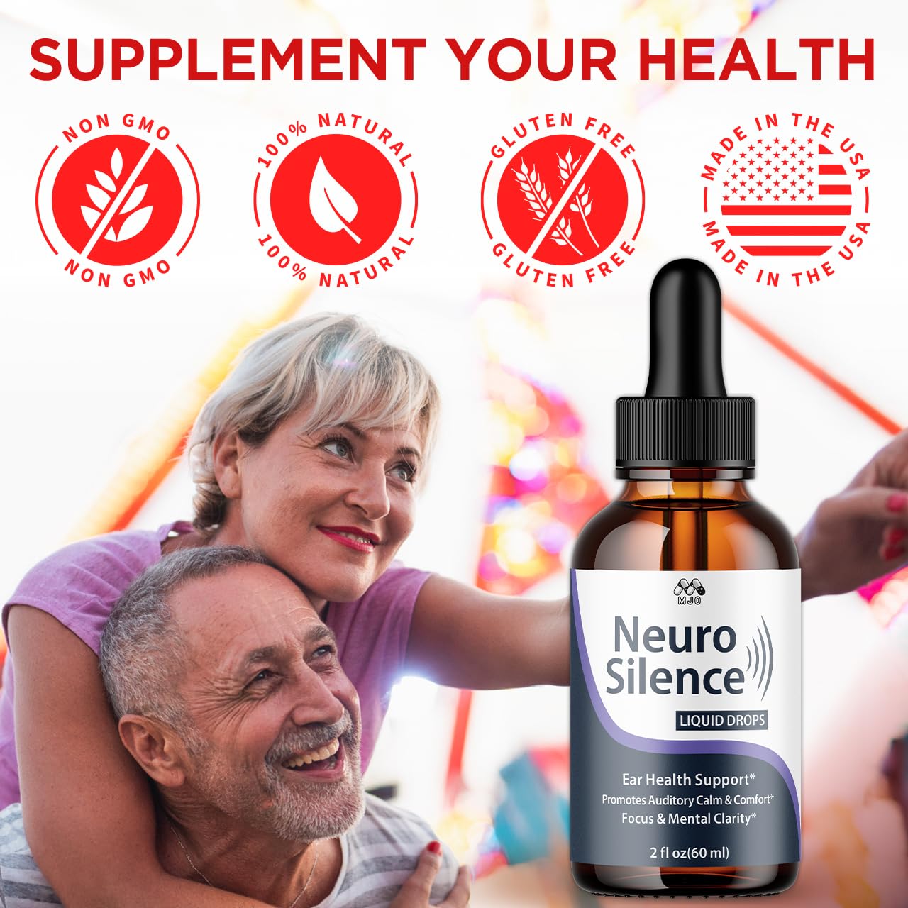 MJO Neuro Silence Drops bottle back shows dosage guidelines.