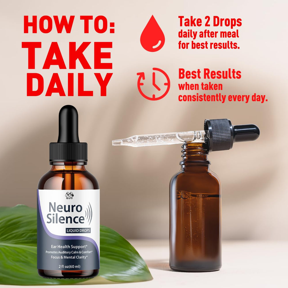 MJO Neuro Silence Drops ingredient blend highlights natural vitamins for daily wellness.