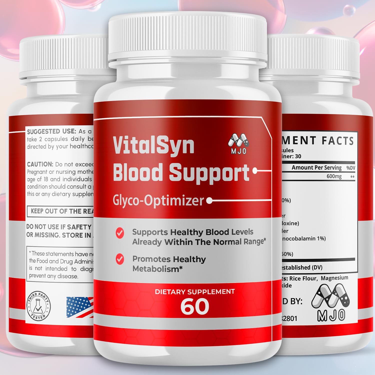 MJO Vitalsyn capsules closeup showing easy-to-swallow capsules