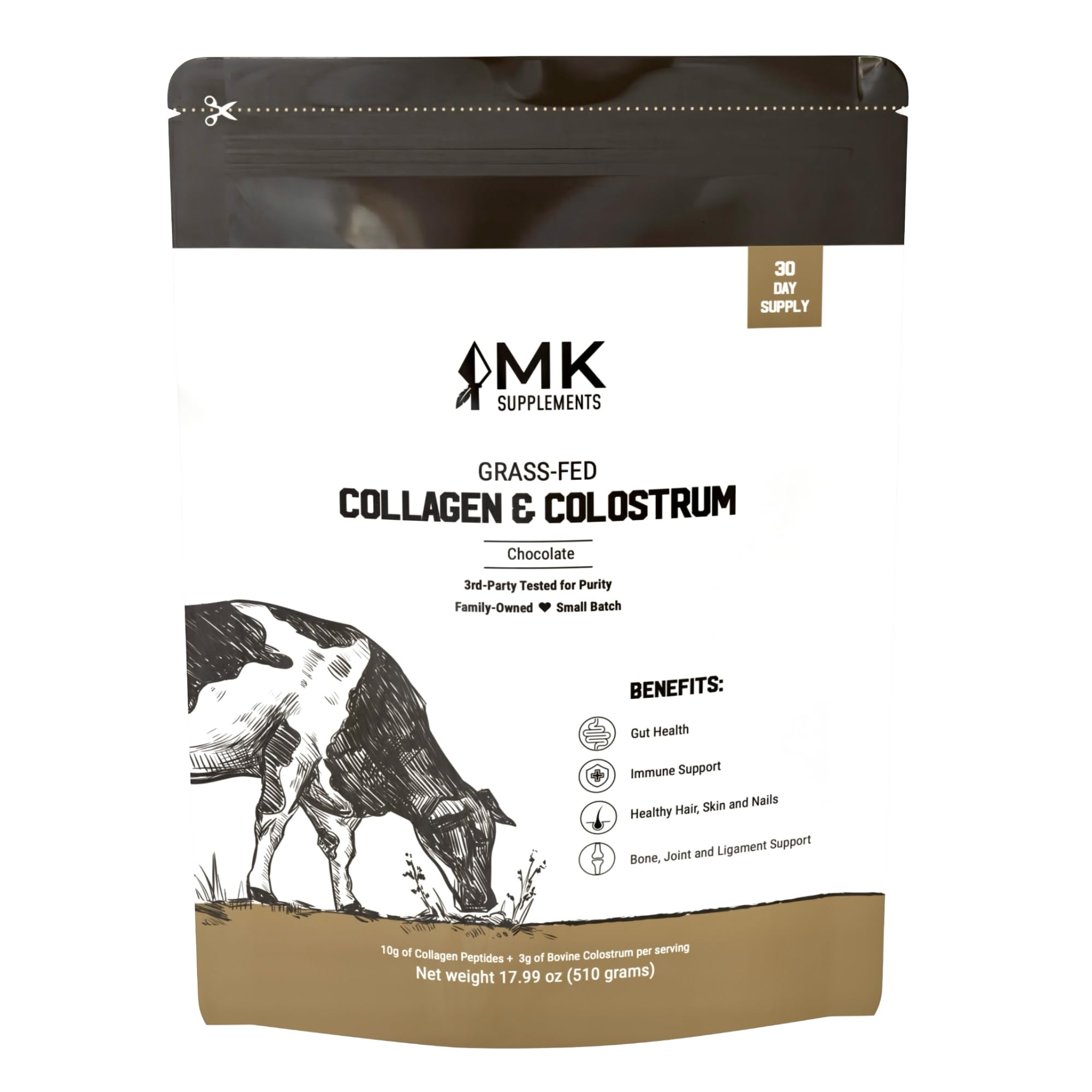 MK Supplements collagen-colostrum-chocolate-powder promotes gut health and skin glow when mixed.