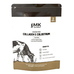 MK Supplements collagen-colostrum-chocolate-powder promotes gut health and skin glow when mixed.
