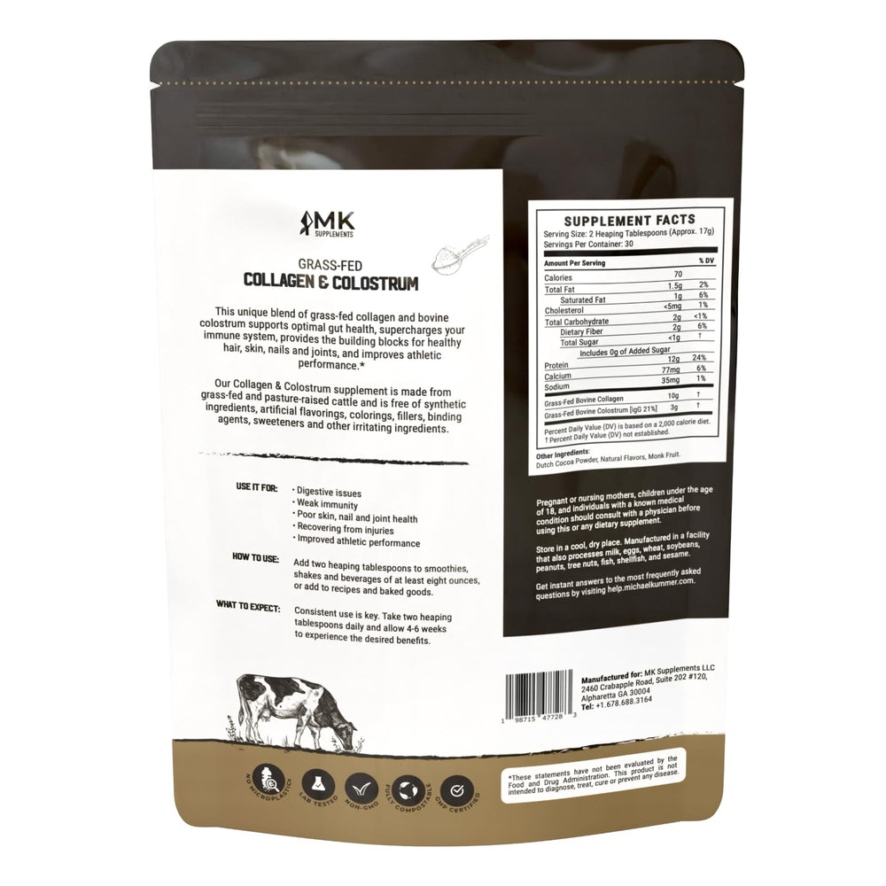 MK Supplements collagen-colostrum-chocolate-scoop ready-to-use serving supports daily vitality.