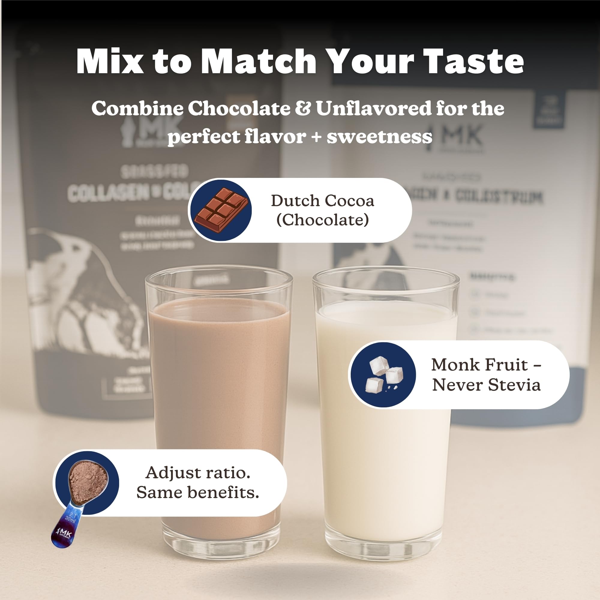 MK Supplements collagen-colostrum-chocolate-smoothie blended drink supports joints and skin.