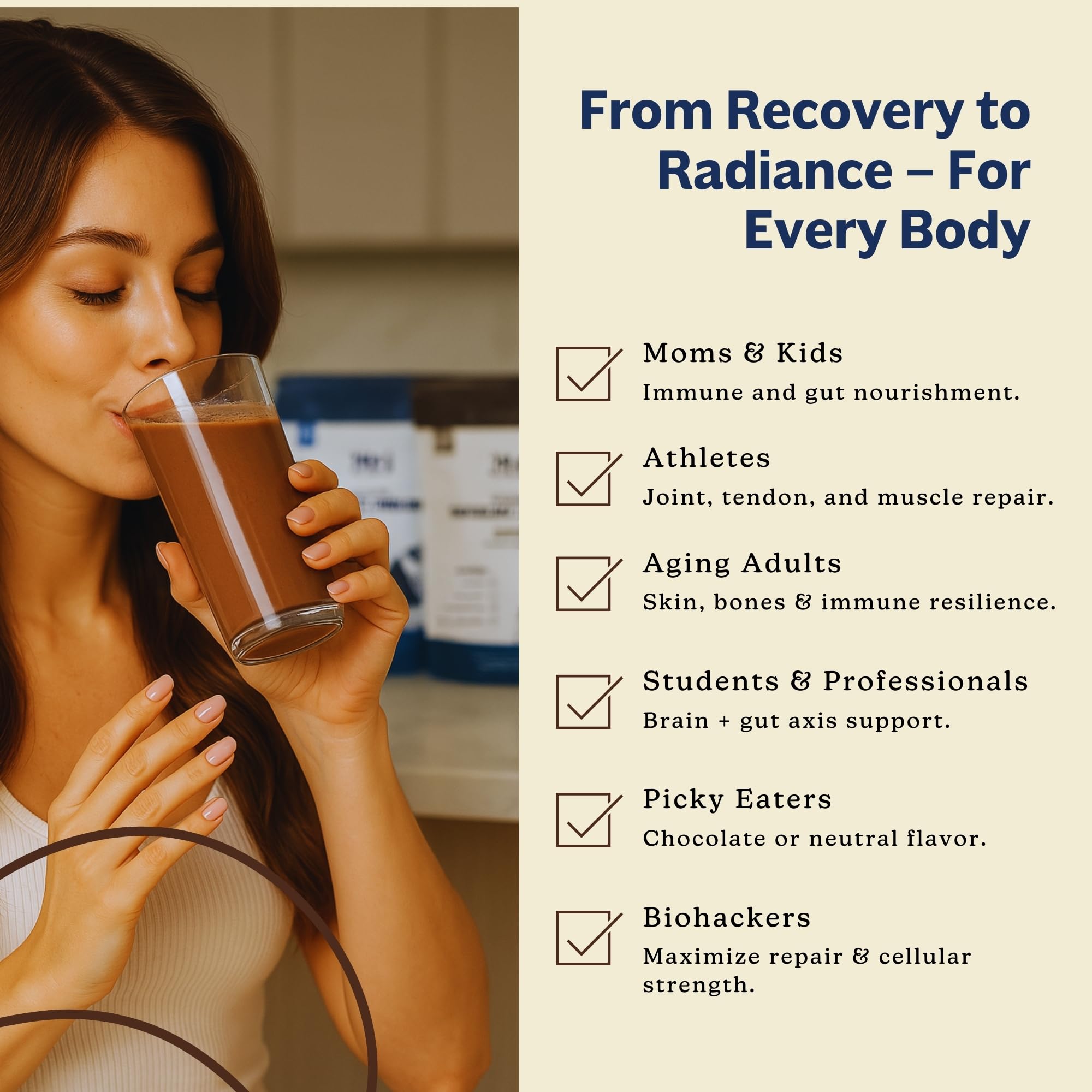 MK Supplements collagen-colostrum-chocolate-water poured into glass creates a creamy daily treat.