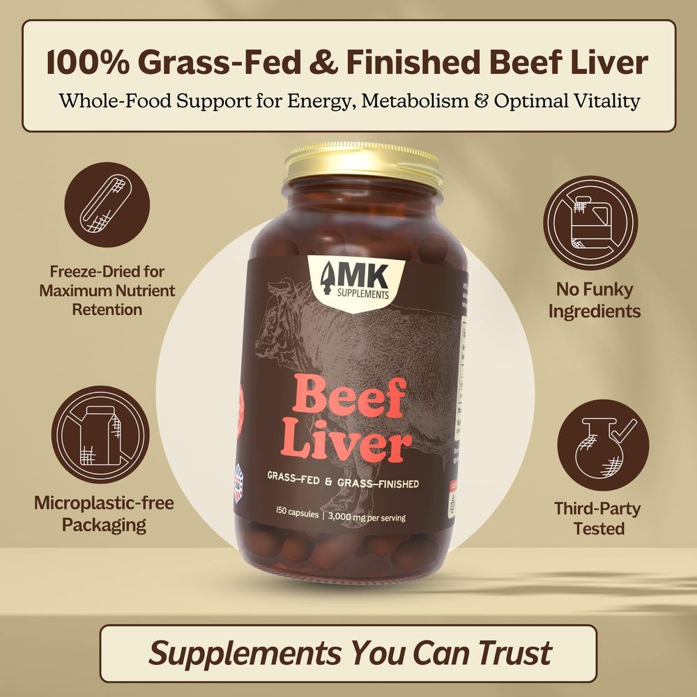 Glass bottle from MK Supplements conveying purity and nutrient protection.