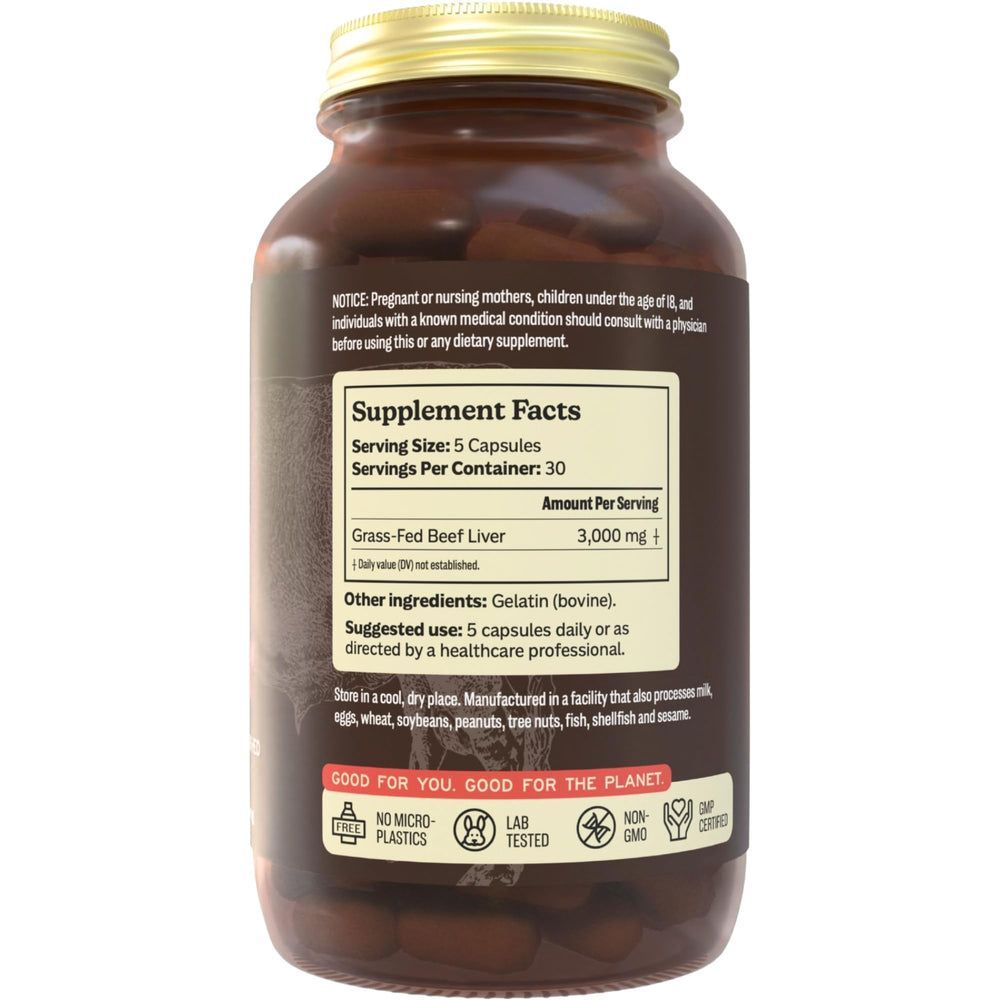 Capsule close-up showing freeze-dried beef liver for high bioavailability.