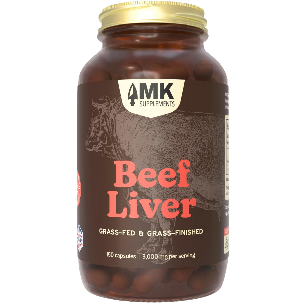 MK Supplements grass-fed beef liver desiccated capsules in a jar for daily energy support.
