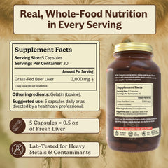 Grass-fed and non-GMO labeling on the MK Supplements beef liver bottle.