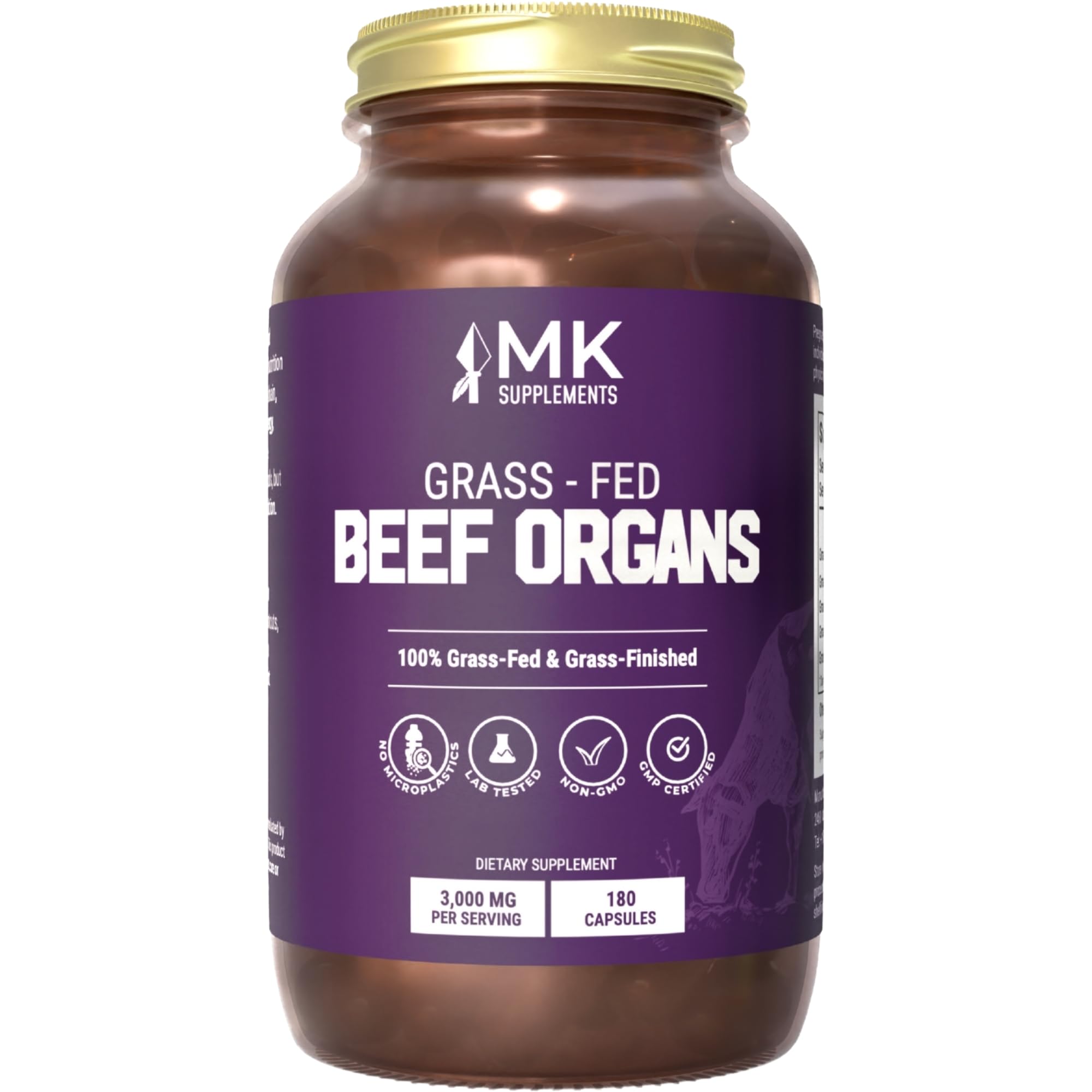 MK Supplements grass-fed beef organ bottle shows multi-organ blend for daily nourishment.