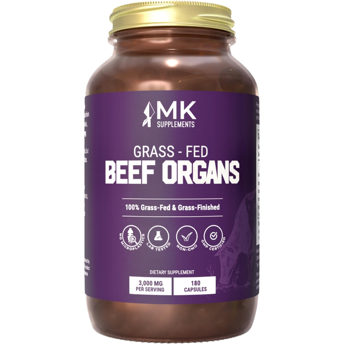 MK Supplements grass-fed beef organ bottle shows multi-organ blend for daily nourishment.