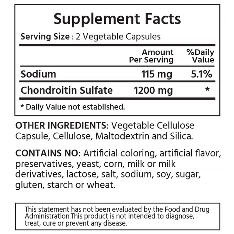 ML Naturals Chondroitin 1200 mg bottle label shows 99% purity and NSF certification.