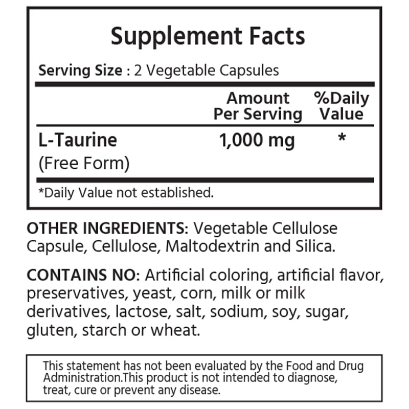 ML Naturals L-Taurine capsules closeup highlighting 1000 mg potency and purity.