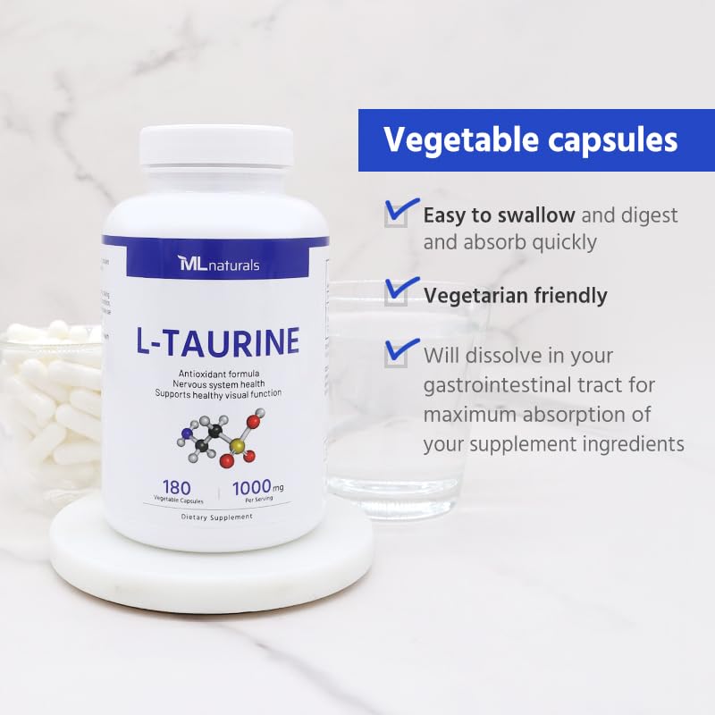 ML Naturals L-Taurine capsules beside gluten-free icons emphasize dietary suitability.