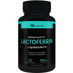 ML Naturals Lactoferrin bottle showing 300 mg apolactoferrin for immune support