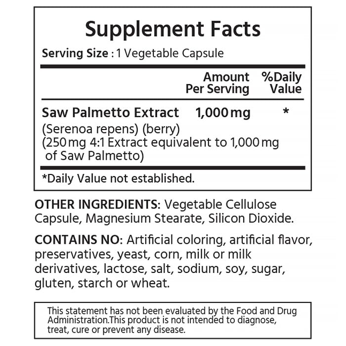 ML Naturals Saw Palmetto capsules close-up highlighting 1000 mg capsules for hair and prostate health