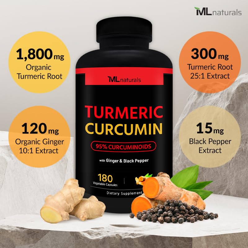 Label on ML Naturals Turmeric Curcumin highlights NSF certification and gluten-free features.