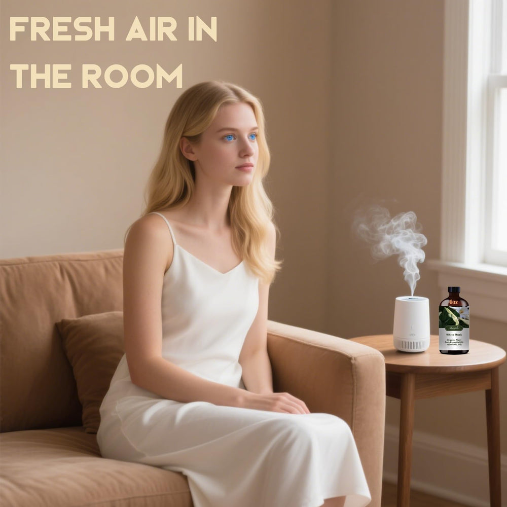 Mlynkl White Musk diffuser ambient image shows calming room fragrance for relaxation