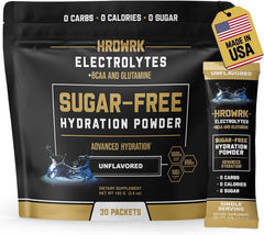 MMA Nutrition HRDWRK electrolyte packets beside a bottle for on-the-go hydration.