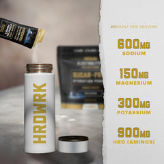 HRDWRK electrolyte packets shown with a travel-friendly foil pack.