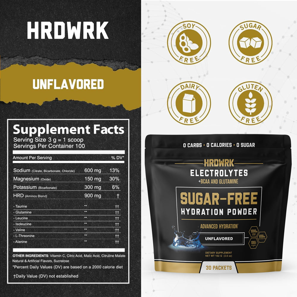 HRDWRK electrolyte packets ready for workouts and endurance on the go.
