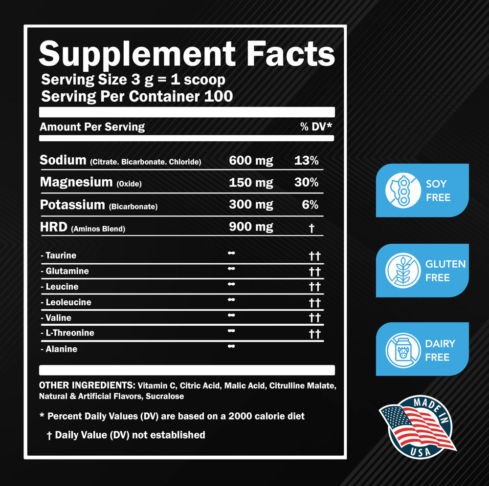 MMA Nutrition HRDWRK electrolytes powder ingredient list emphasizes essential minerals.
