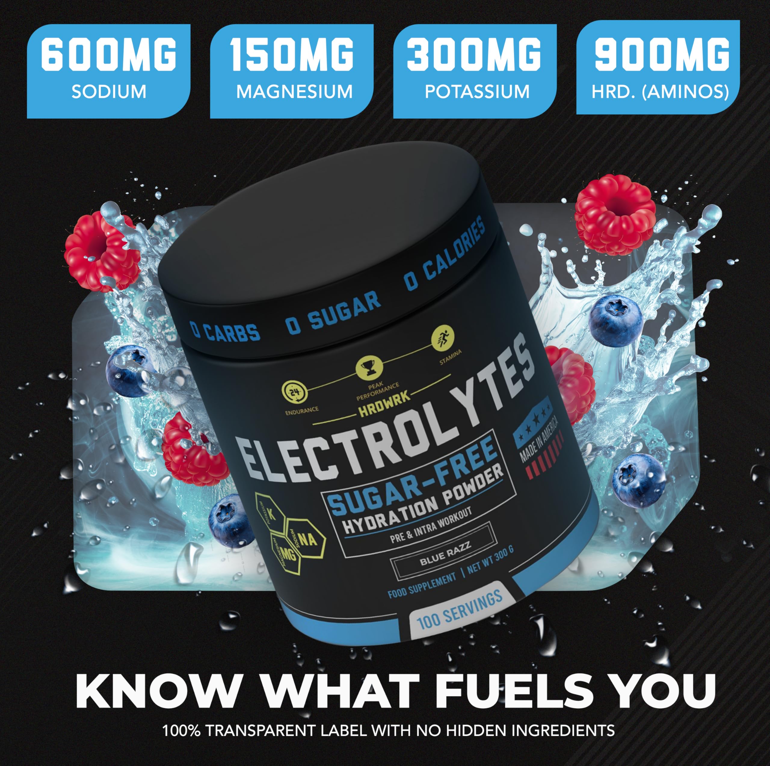 MMA Nutrition HRDWRK electrolytes powder label highlights clean, keto-friendly ingredients.