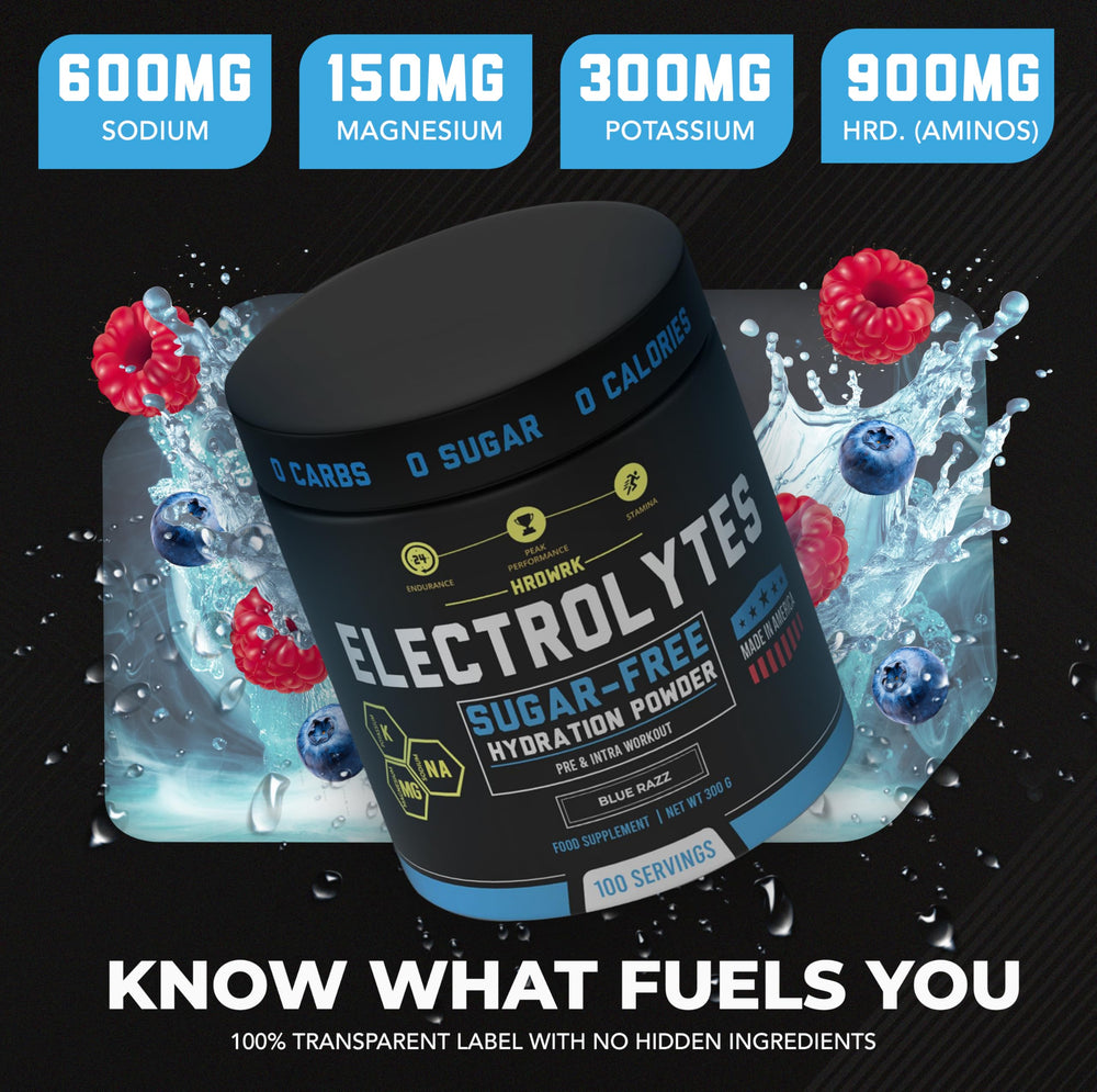 MMA Nutrition HRDWRK electrolytes powder label highlights clean, keto-friendly ingredients.