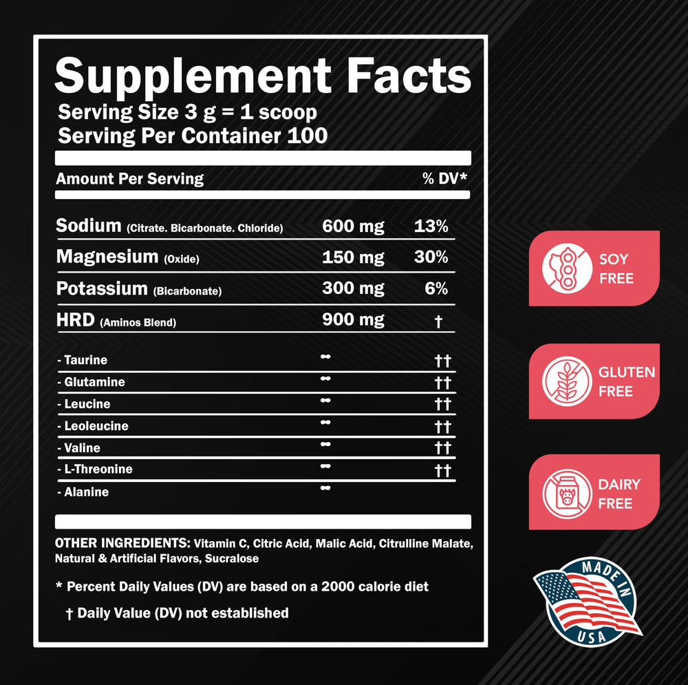 Label of HRDWRK sugar-free electrolyte formula