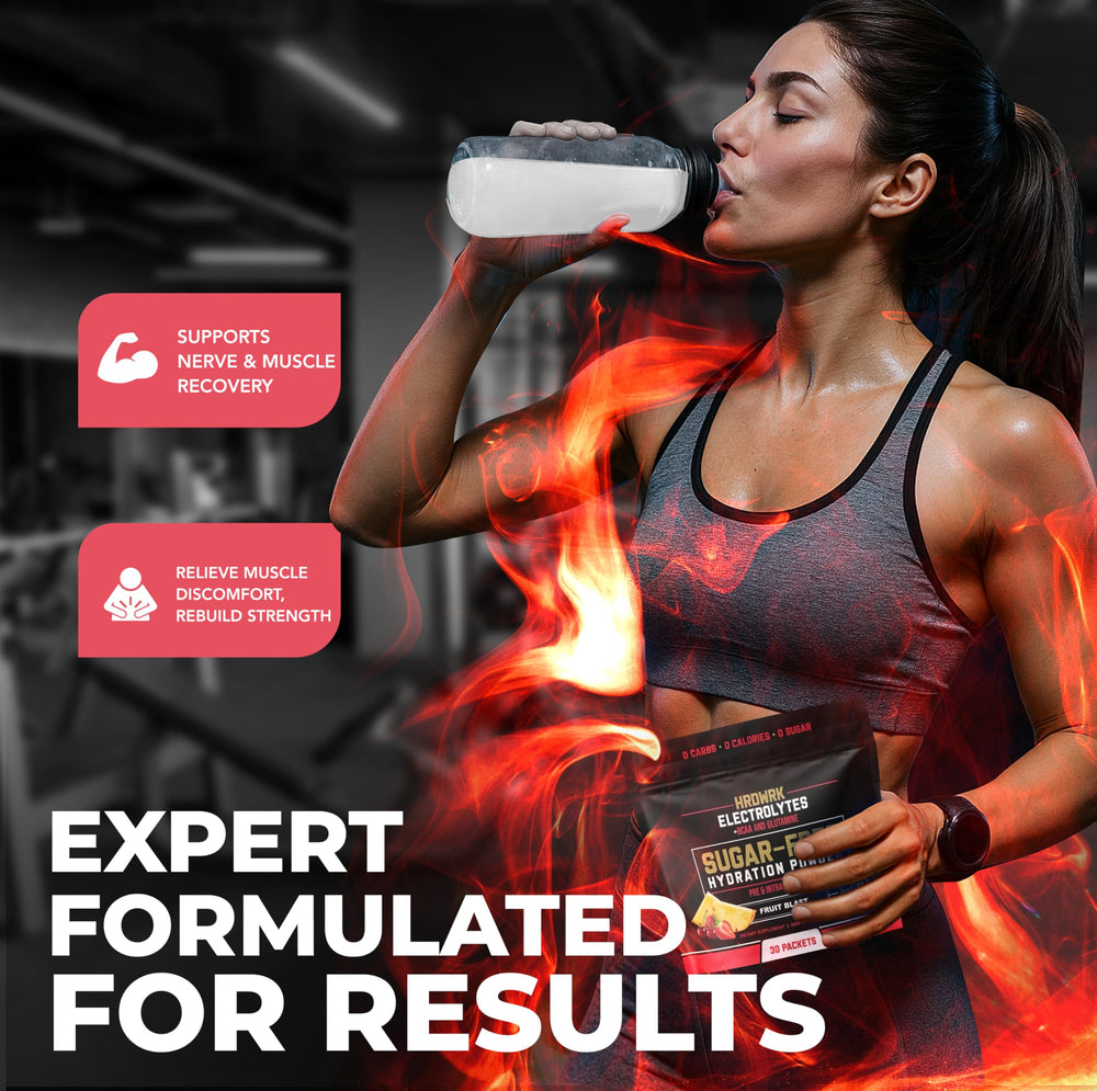 Travel-friendly HRDWRK hydration bottle with individual packets