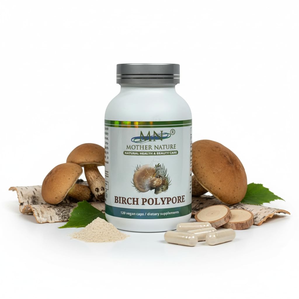 Mn Mother Nature Organic Birch Polypore capsules bottle view for daily gut balance.