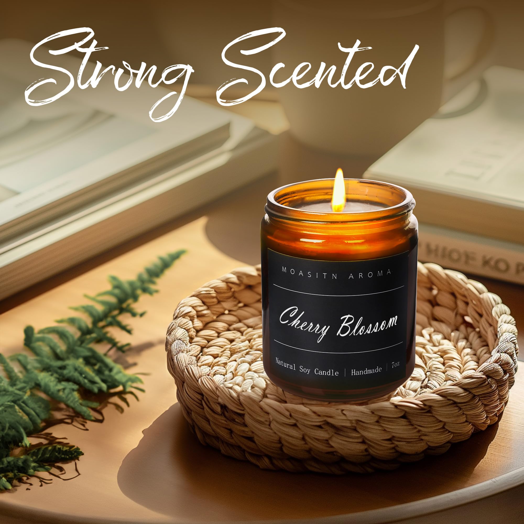 Handmade MOASITN soy candle delivers clean burn and long-lasting scent.