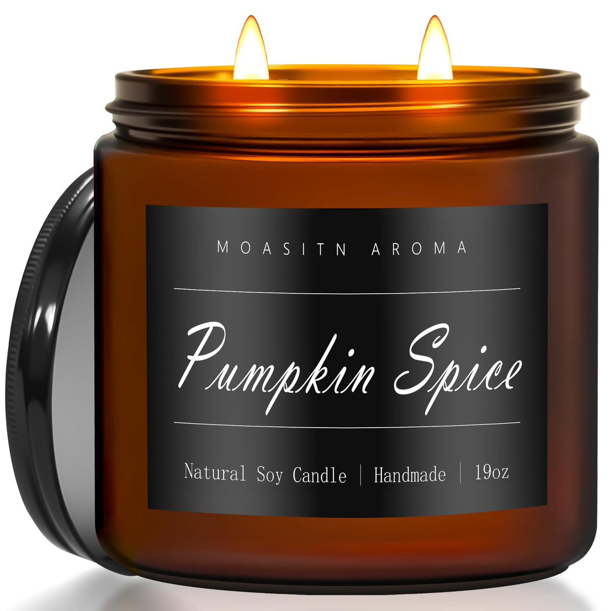 MOASITN pumpkin spice candle in amber jar delivering long-lasting, cozy fragrance.