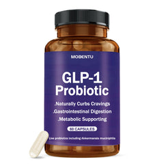 Mobentu GLP-1 Probiotic Akkermansia bottle highlights a high-potency gut health formula
