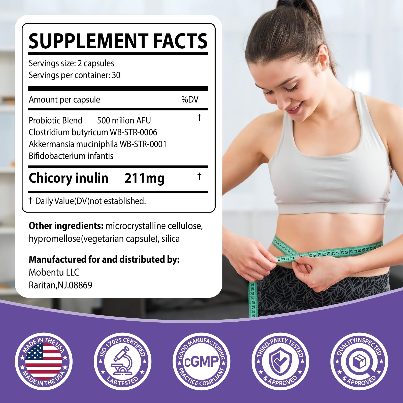 Mobentu GLP-1 Probiotic capsules closeup shows durable capsules and daily support
